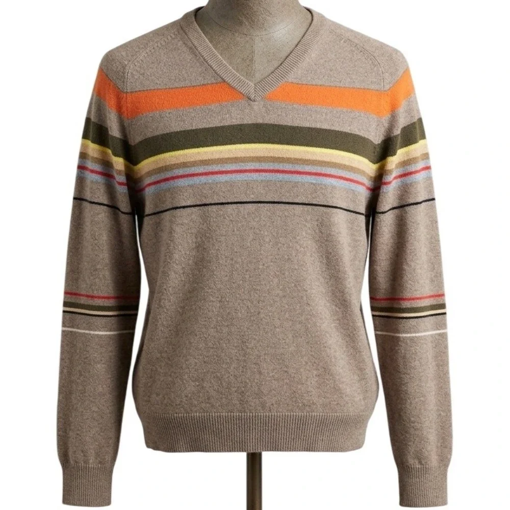 J Crew Men's V Neck Striped Sweater XL Cotton Wool Blend Taupe Orange
